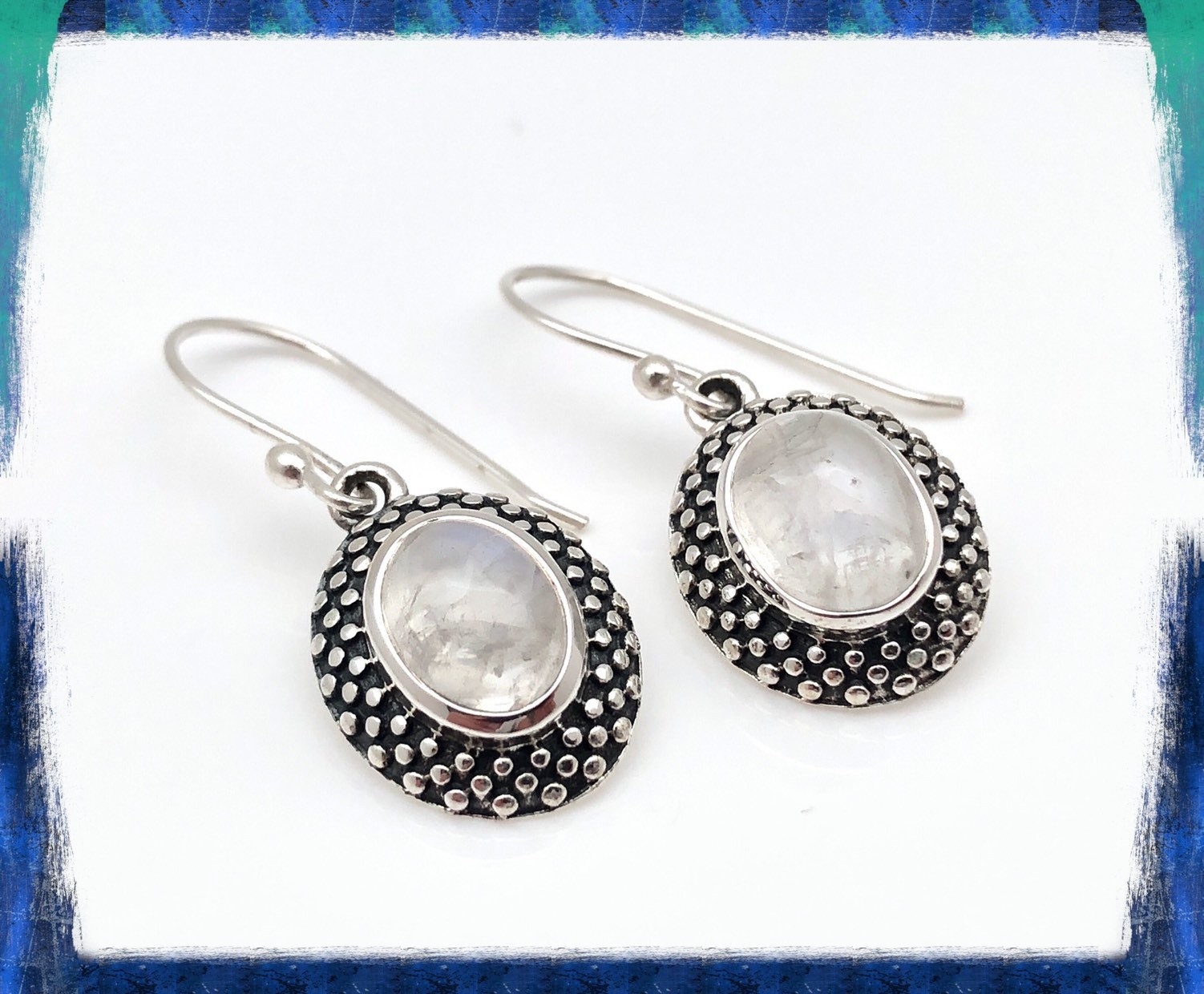 Rainbow Moonstone Earrings, Silver Moonstone Earrings, Oxidized Oval Bead Design, 925 Sterling Silver