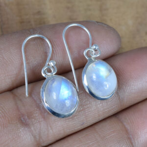 Rainbow Moonstone Sterling Silver Hook Earrings: Oval June Birthstone
