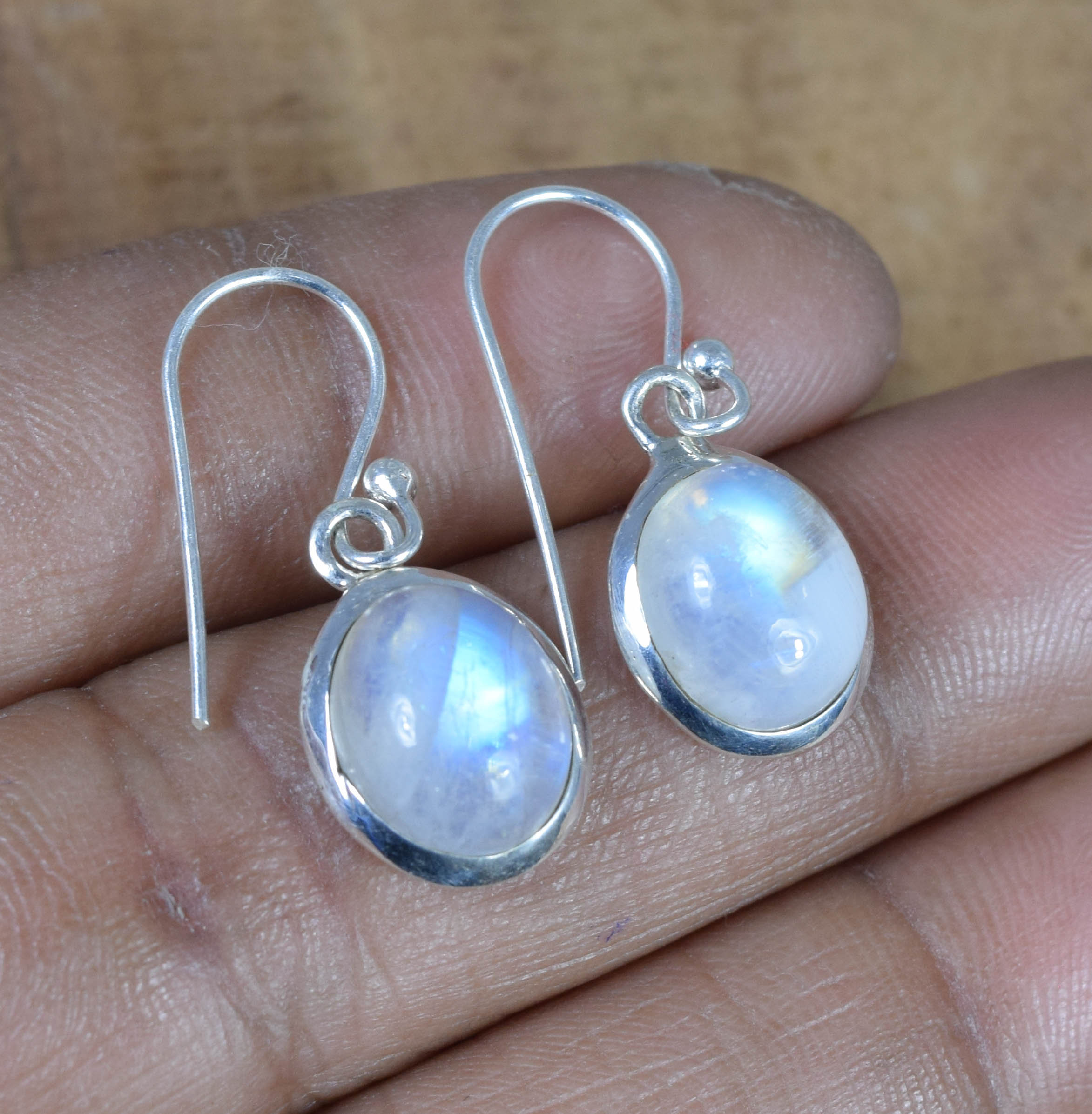 Rainbow Moonstone Sterling Silver Hook Earrings: Oval June Birthstone
