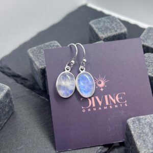 Rainbow Moonstone Sterling Silver Hook Earrings: Bezel Set Oval Dangle