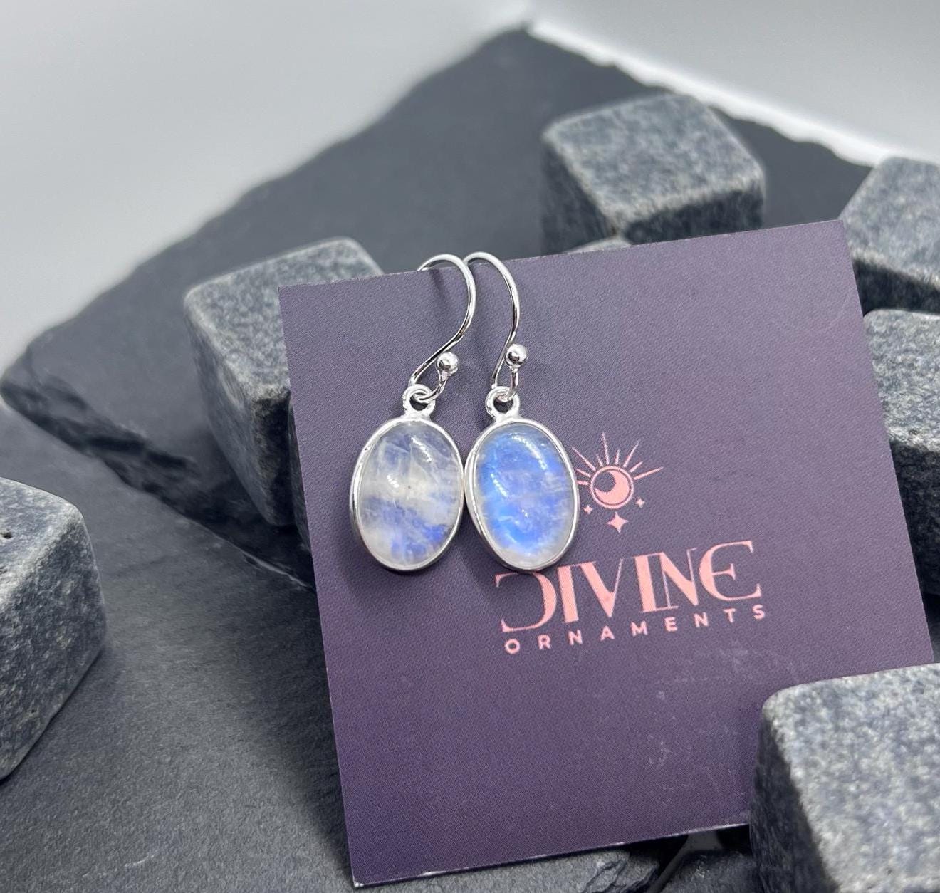 Rainbow Moonstone Sterling Silver Hook Earrings: Bezel Set Oval Dangle