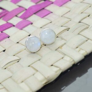Rainbow Moonstone Stud Earrings: 925 Sterling Silver, 8mm Round
