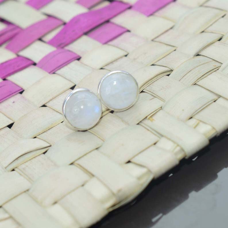 Rainbow Moonstone Stud Earrings: 925 Sterling Silver, 8mm Round
