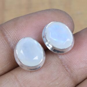 Rainbow Moonstone Stud Earrings: Sterling Silver Handmade Jewelry