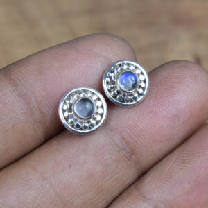 Rainbow Moonstone Stud Earrings: Sterling Silver Round Gemstone, June Birthstone
