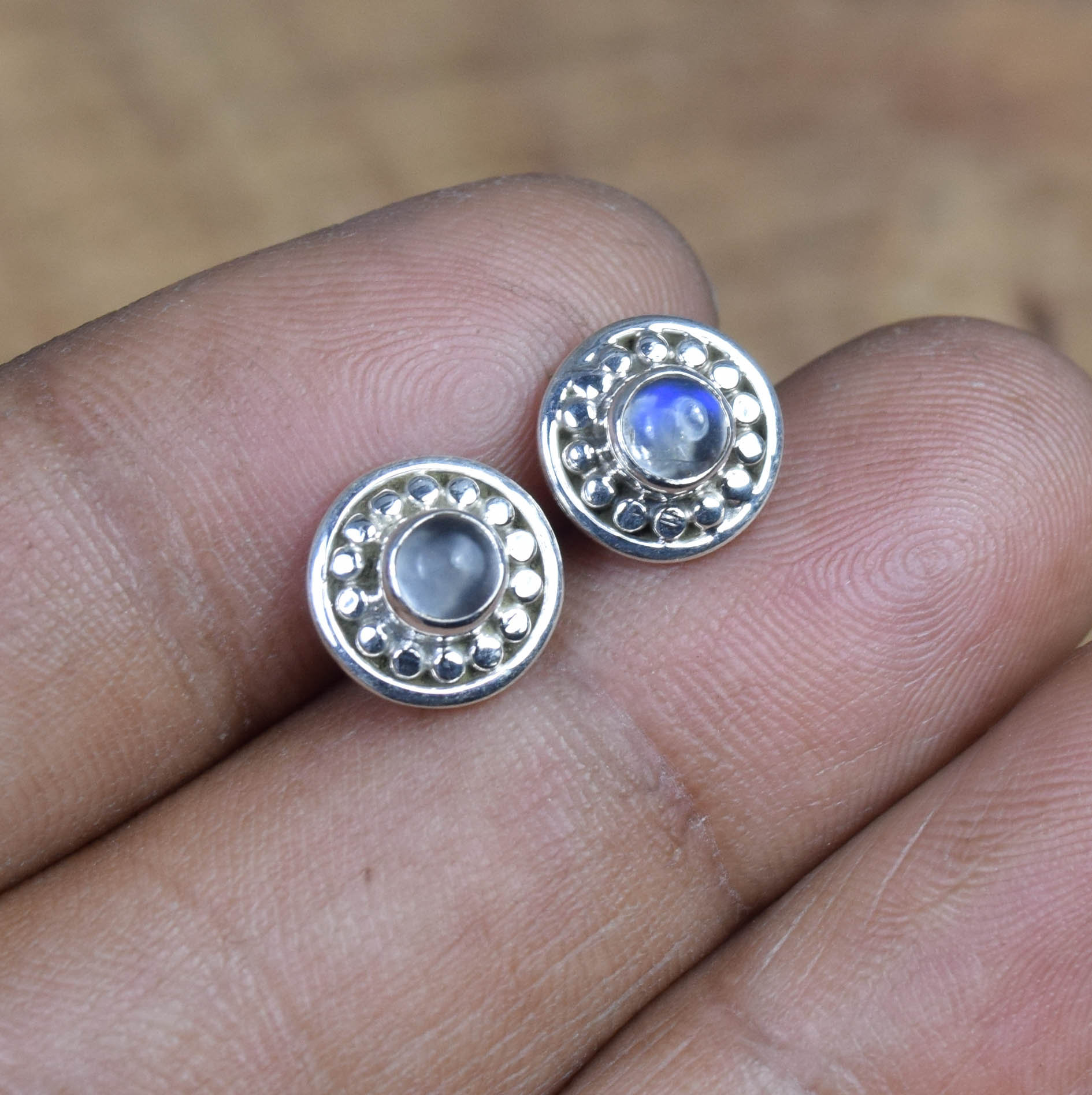 Rainbow Moonstone Stud Earrings: Sterling Silver Round Gemstone, June Birthstone