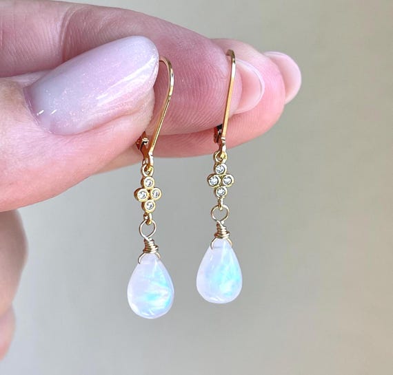 Rainbow Moonstone Earrings, Teardrop Dangle Earrings, Minimalist Gold Earrings, June Birthstone, Small Moonstone Earrings, Gift For Women