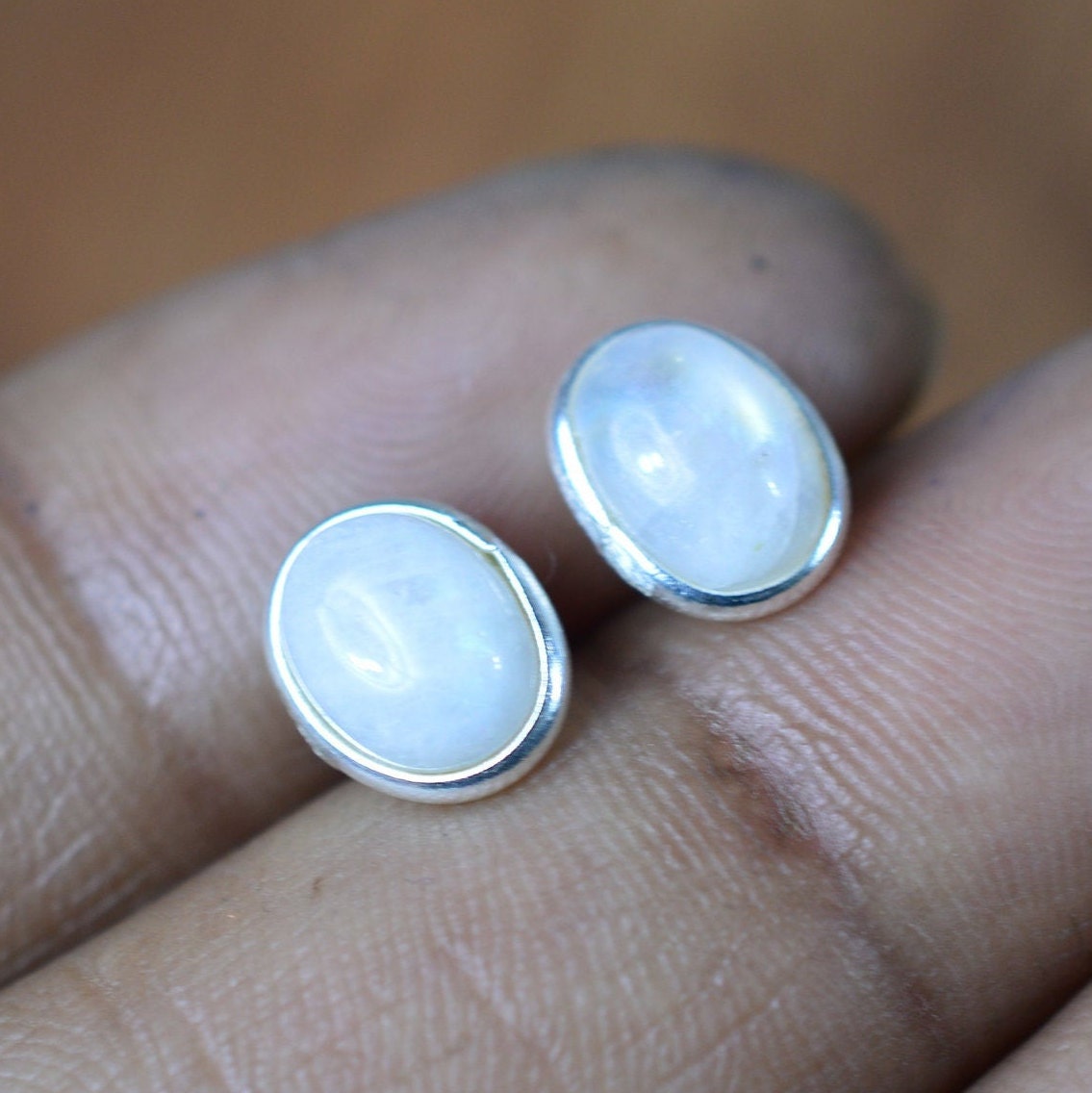 White Rainbow Moonstone 925 Sterling Silver Oval Shape Stud Earring