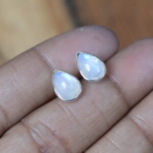 White Rainbow Moonstone 925 Sterling Silver Pear Shape Stud Earring