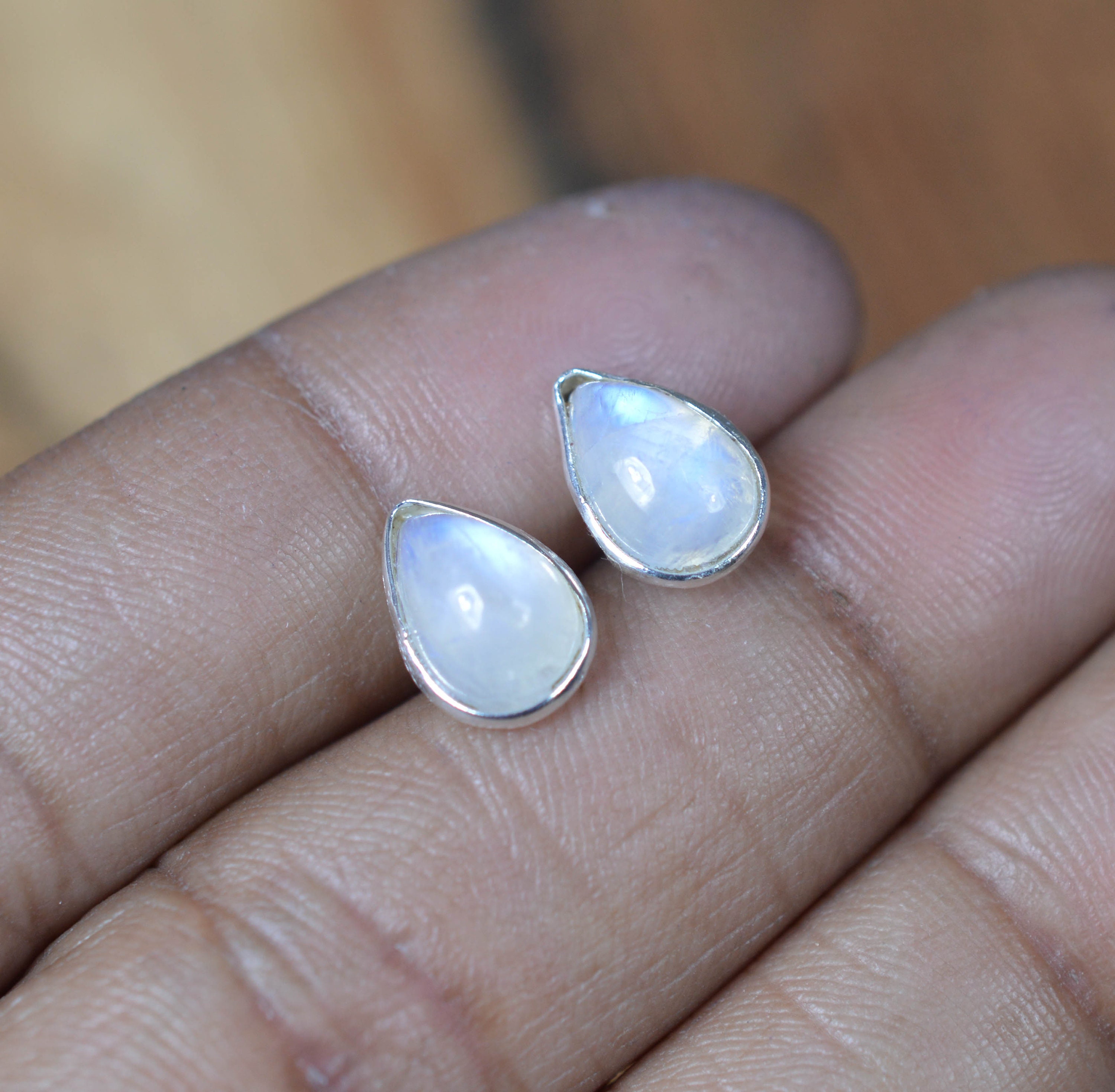 White Rainbow Moonstone 925 Sterling Silver Pear Shape Stud Earring