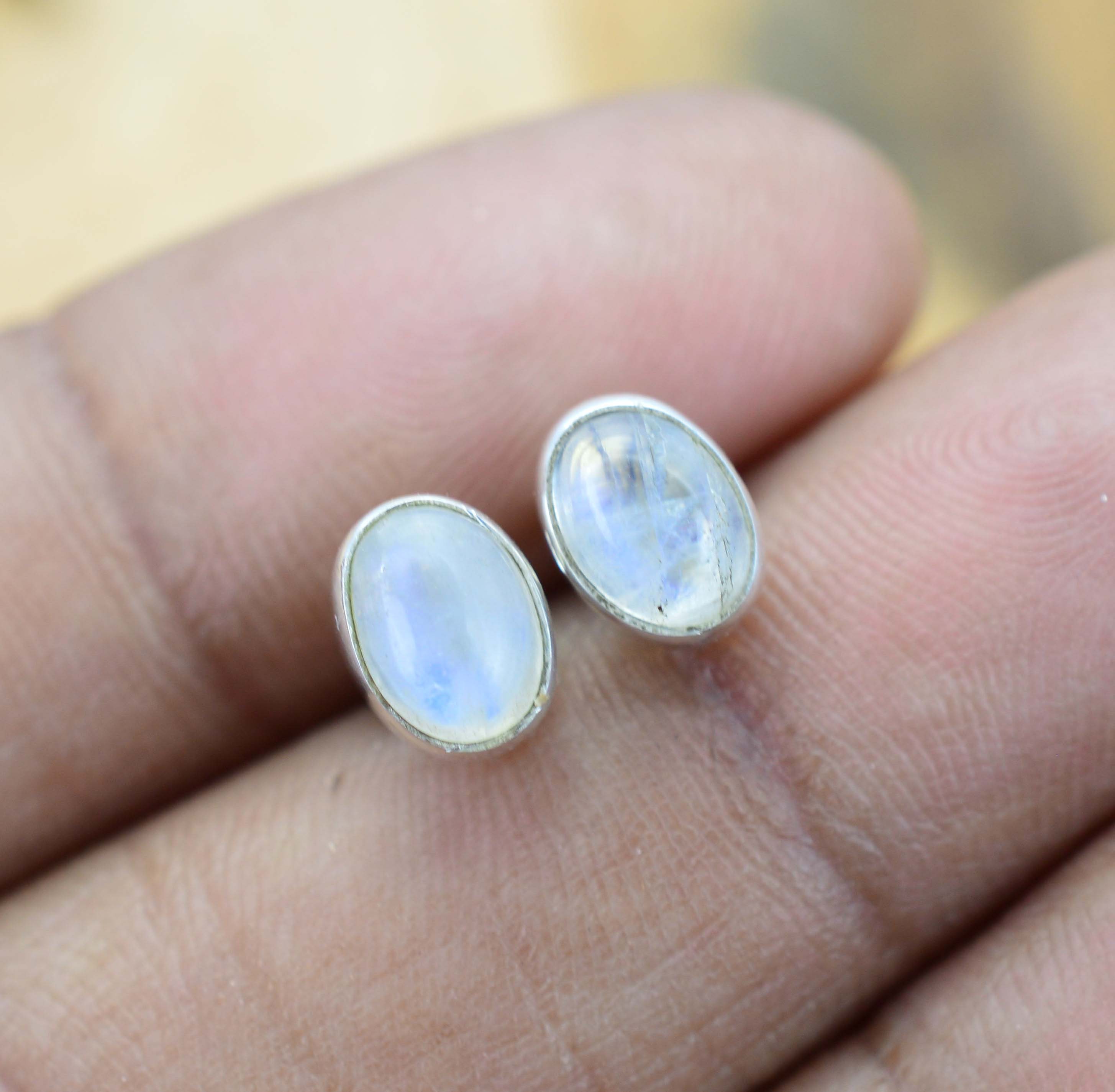 White Rainbow Moonstone 925 Sterling Silver Oval Shape Stud Earring