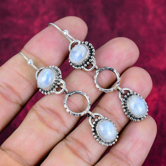 White Rainbow Moonstone 925 Sterling Silver Gemstone Designer Hook Earring ~ Handmade Earring ~ June Birthstone ~ Gift For Valentine Day