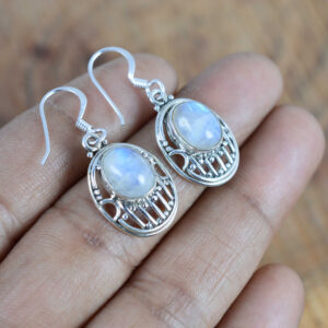 White Rainbow Moonstone Hook Earrings: 925 Sterling Silver
