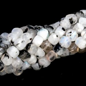 3-4MM Rainbow Moonstone Tourmaline inclusions Beads India Grade A Genuine Natural Faceted Cube Loose Beads 15"/7.5"Bulk Lot Options (113288)