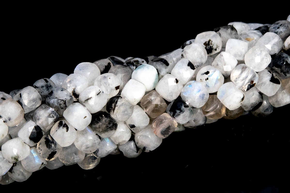 3-4mm Rainbow Moonstone Tourmaline Inclusions Beads India Grade A Genuine Natural Faceted Cube Loose Beads 15"/7.5"bulk Lot Options (113288)