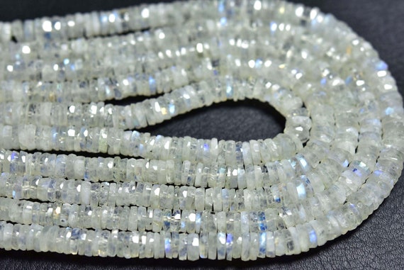 Rainbow Moonstone Tyre Beads - 7 Inches - Natural Micro Faceted Rainbow Moonstone Tyre Rondelles Strand - Size Is 6 Mm #1100
