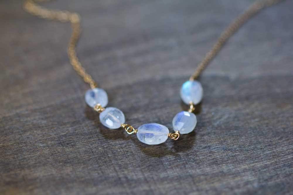 Rainbow Moonstone Necklace 14k Rose Gold Filled Or Sterling Silver Chain, Dainty Wire Wrapped Rainbow Moonstone Necklace, June Birthstone