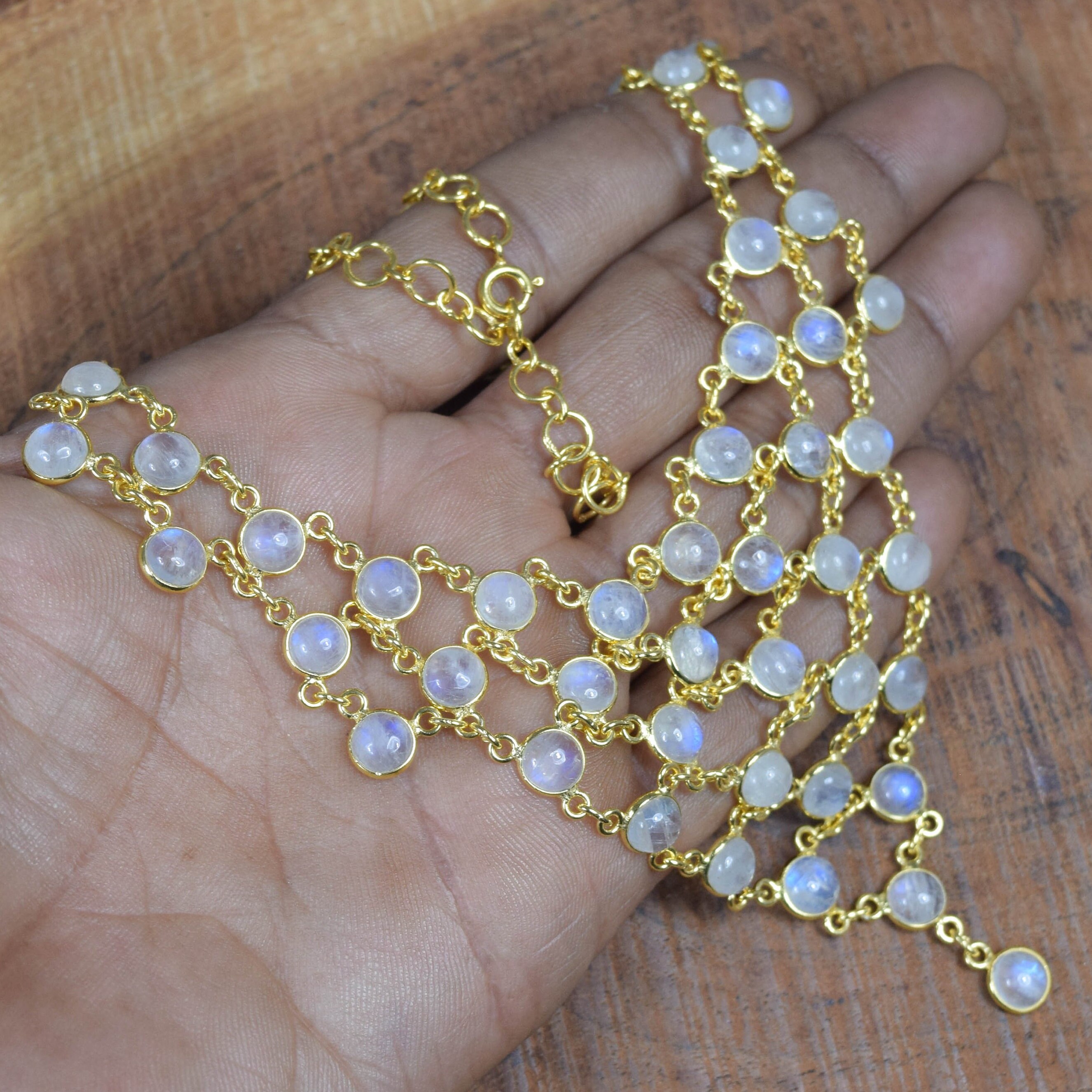 Rainbow Moonstone Necklace: 18k Gold Overlay Sterling Silver Chain, June Birthstone
