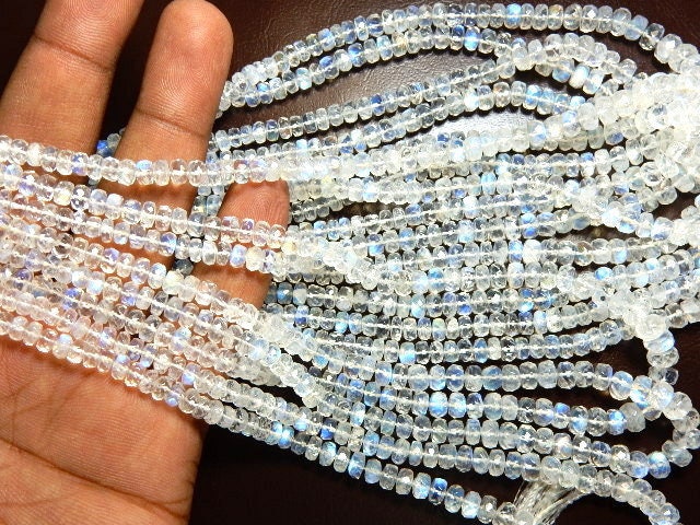 Aaa Blue Fire Rainbow Moonstone 4-7mm Faceted Rondelles 14 Inches Strands Bead Necklace