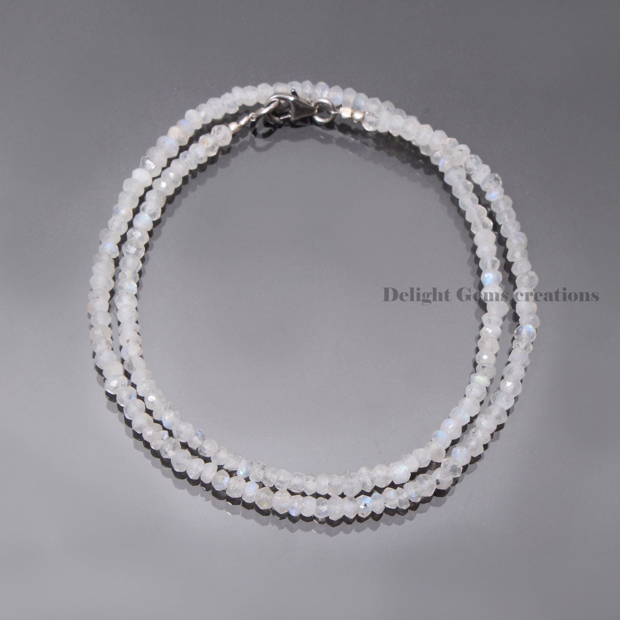 Rainbow Moonstone Beaded Necklace, 4mm Gemstone Rondelle Beads, 18 Inch Rainbow Moonstone Beaded Necklace, 4mm Gemstone Rondelle Beads, 18 Inch