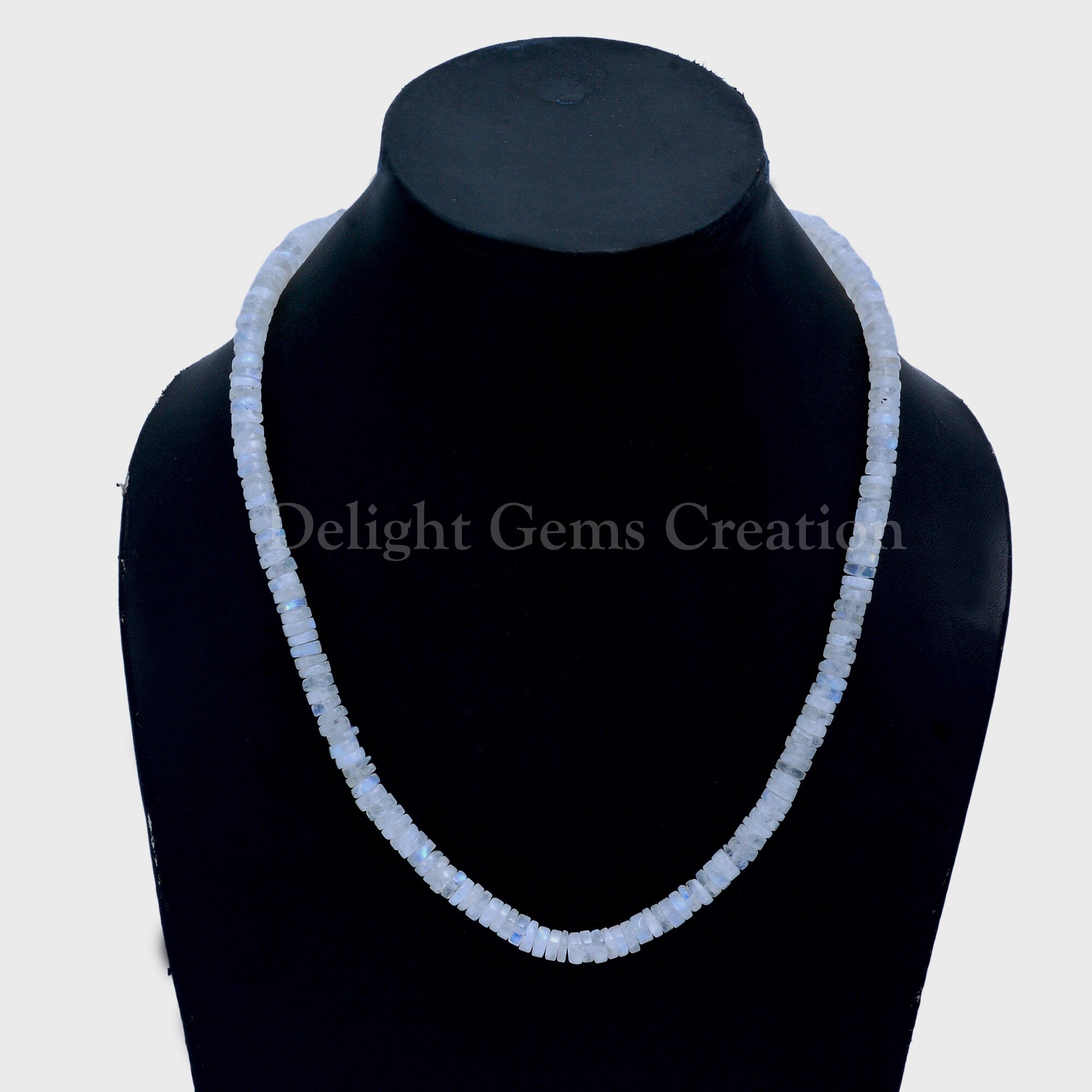 Rainbow Moonstone Beaded Necklace, 6mm Tyre Beads, Blue Flash, 18 Inch