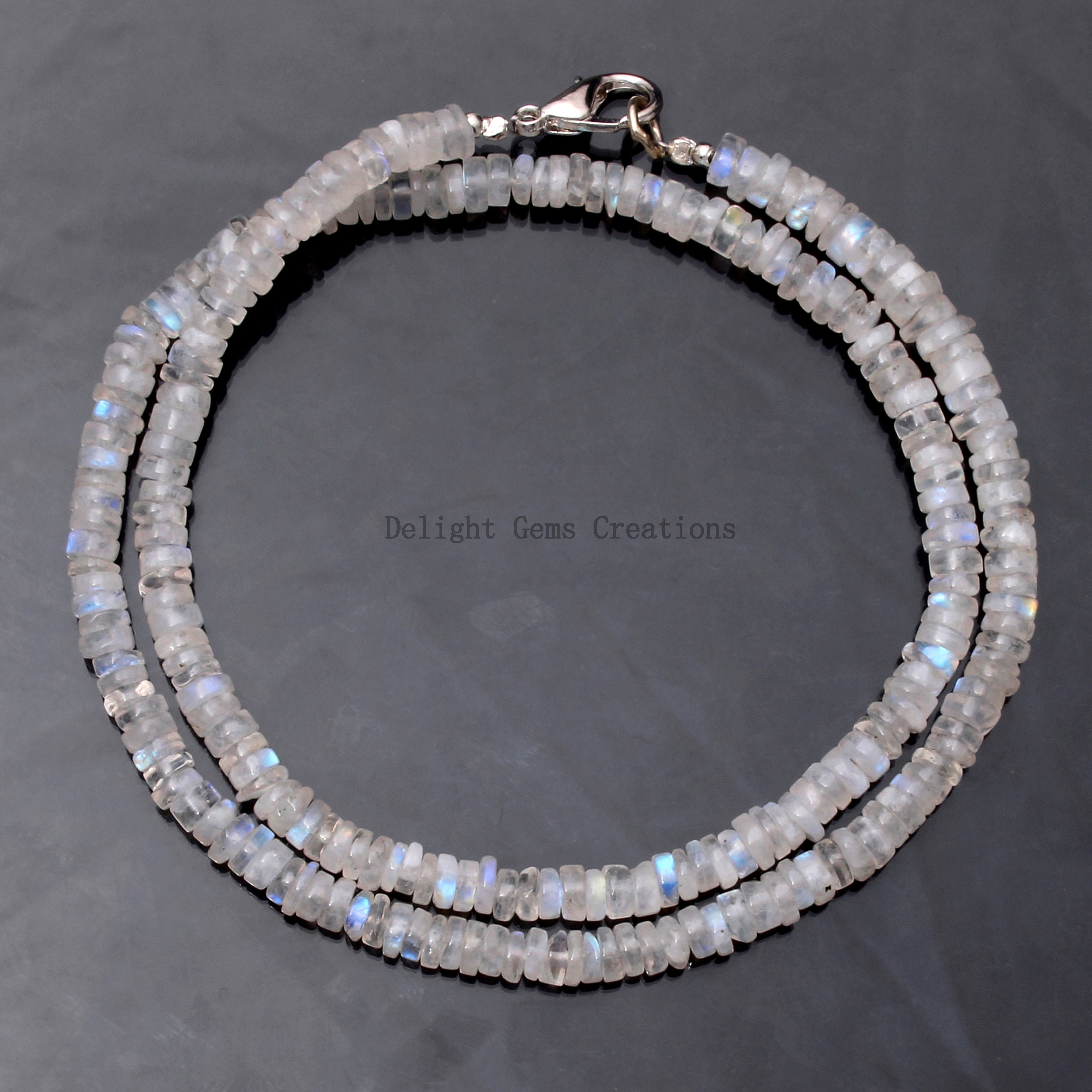 Rainbow Moonstone Beaded Necklace, Blue Flash, 4-4.5mm Smooth Tyre Beads