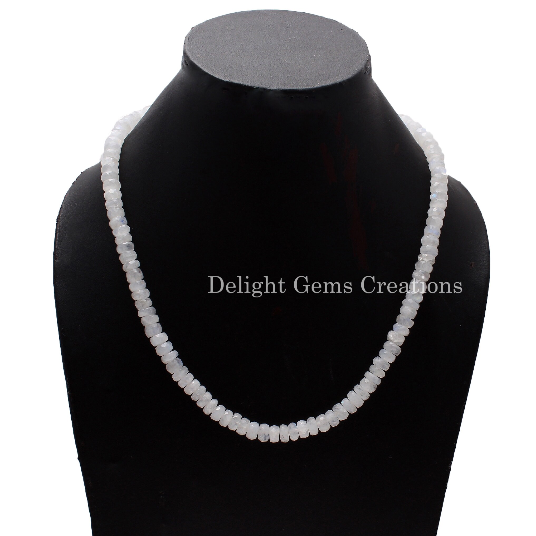 Rainbow Moonstone Beaded Necklace, Blue Flash, 5-5.5mm Rondelle Beads