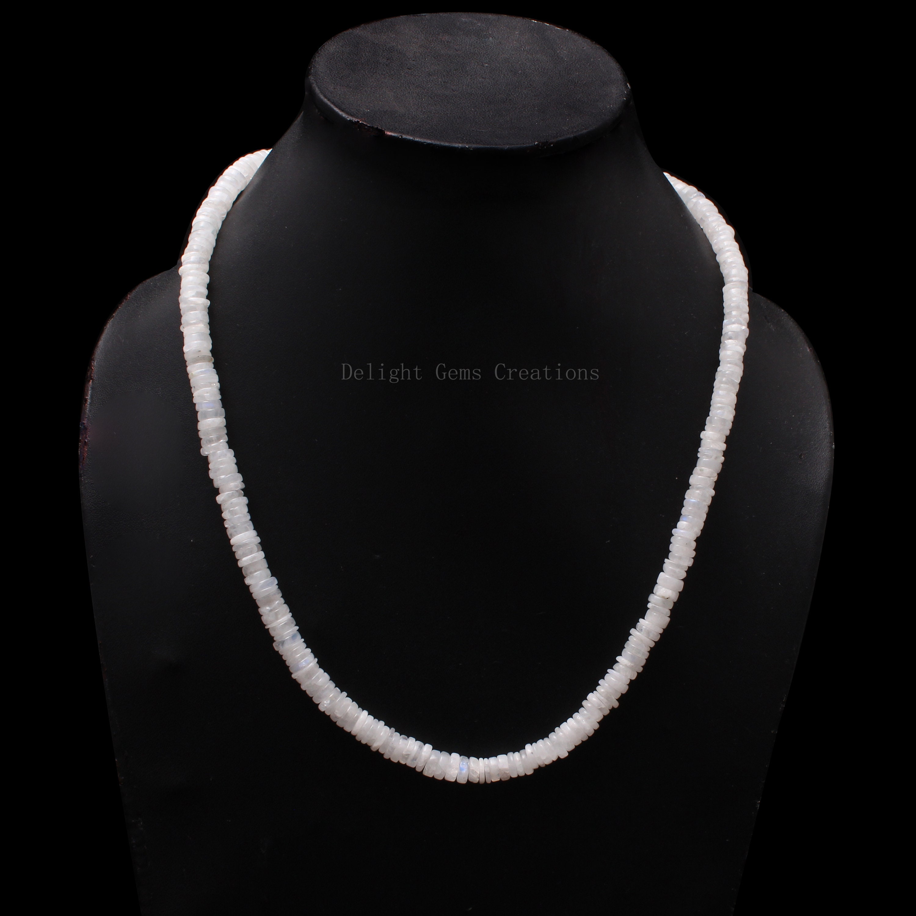 Rainbow Moonstone Beaded Necklace, White Gemstone Disc Beads, 18 Inch