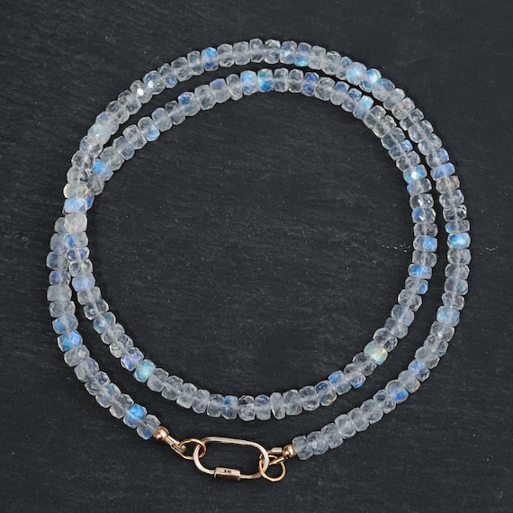 Moonfire Necklace Rainbow Moonstone Necklace, Moonstone Carabiner Necklace, [enmm1785] Aaaa+ Moonstone Beaded Necklace, June Birthstone