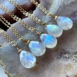 Dainty Rainbow Moonstone Teardrop Crystal Necklace: Sterling Silver or 14kt Gold Fill