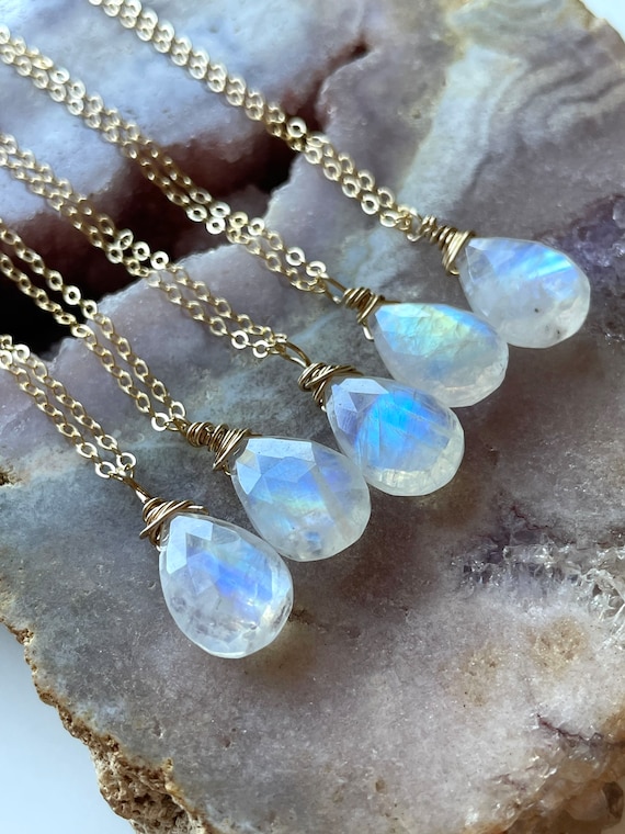 Dainty Rainbow Moonstone Teardrop Crystal Necklace: Sterling Silver Or 14kt Gold Fill