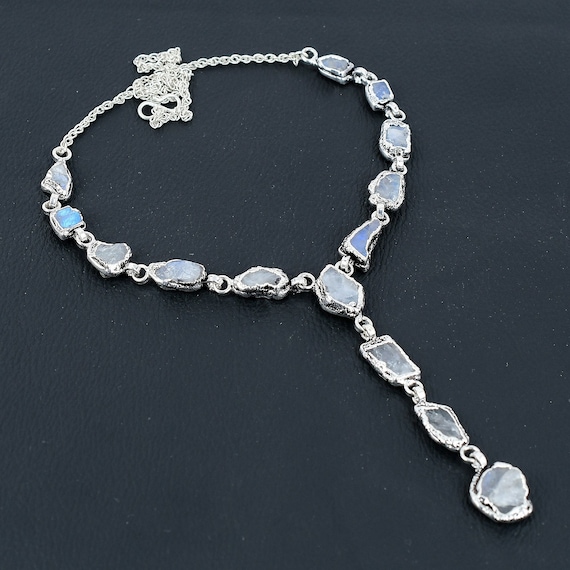 Electroformed Copper Rainbow Moonstone Necklace - Adjustable Silver Plated Chain Electroformed Copper Rainbow Moonstone Necklace - Adjustable Silver Plated Chain