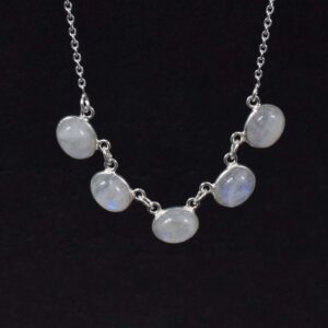 Handmade Rainbow Moonstone 925 Sterling Silver 5-Stone Necklace