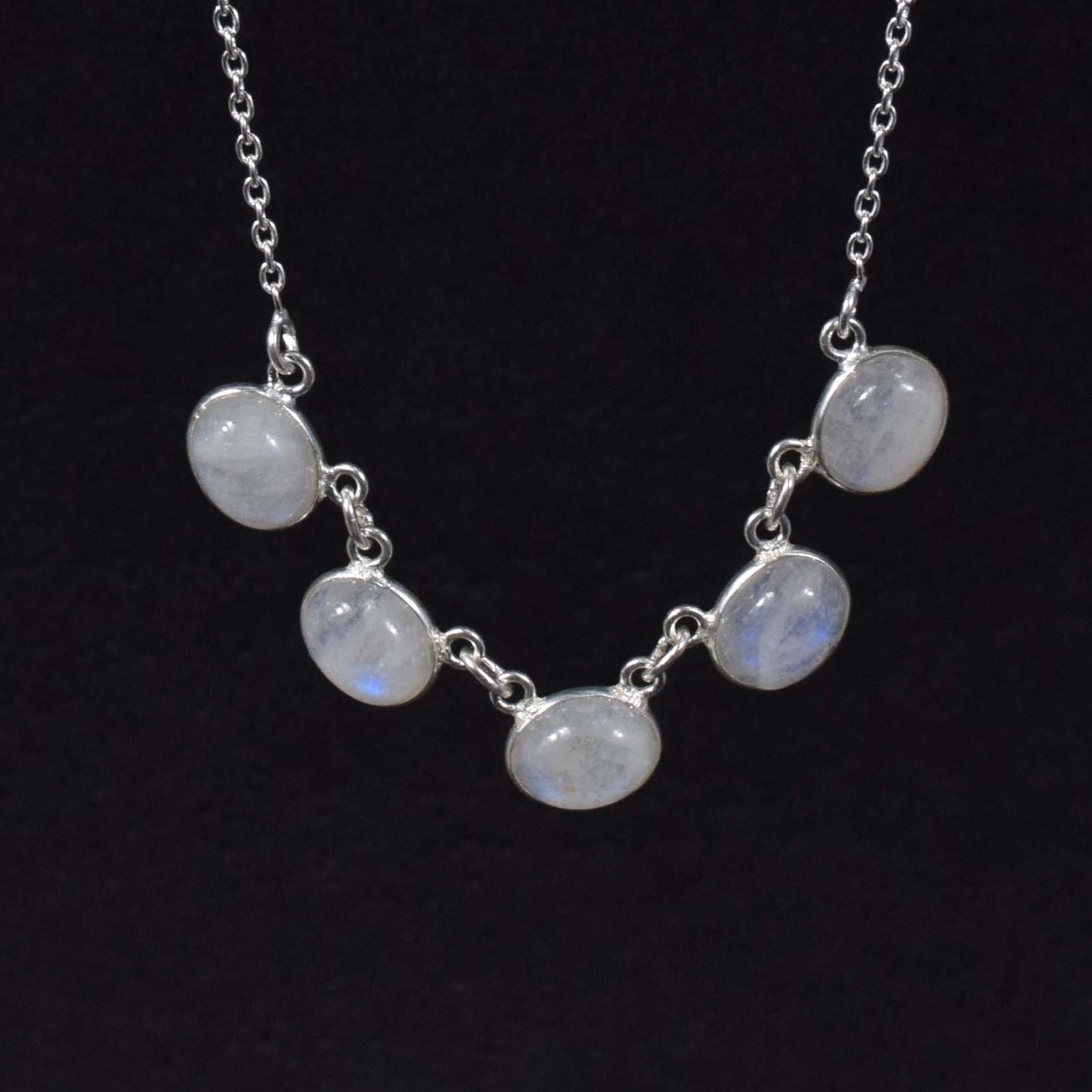Handmade Rainbow Moonstone 925 Sterling Silver 5-stone Necklace