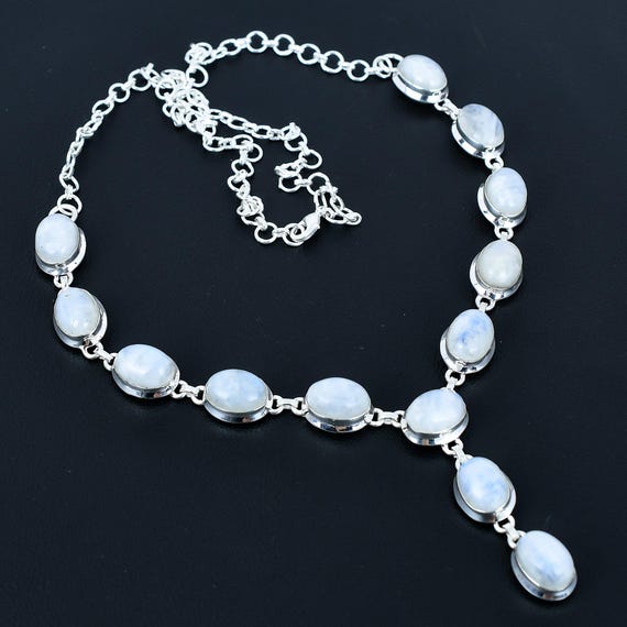 Rainbow Moonstone Necklace: Handmade 925 Sterling Silver, Adjustable Chain