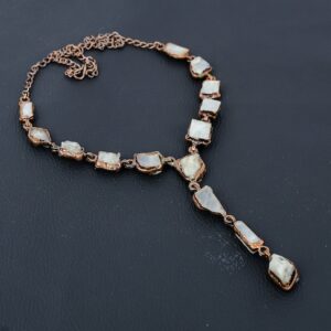 Handmade Rainbow Moonstone Copper Necklace: Electroformed Rough Gemstone Jewelry