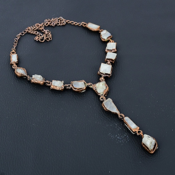 Handmade Rainbow Moonstone Copper Necklace: Electroformed Rough Gemstone Jewelry