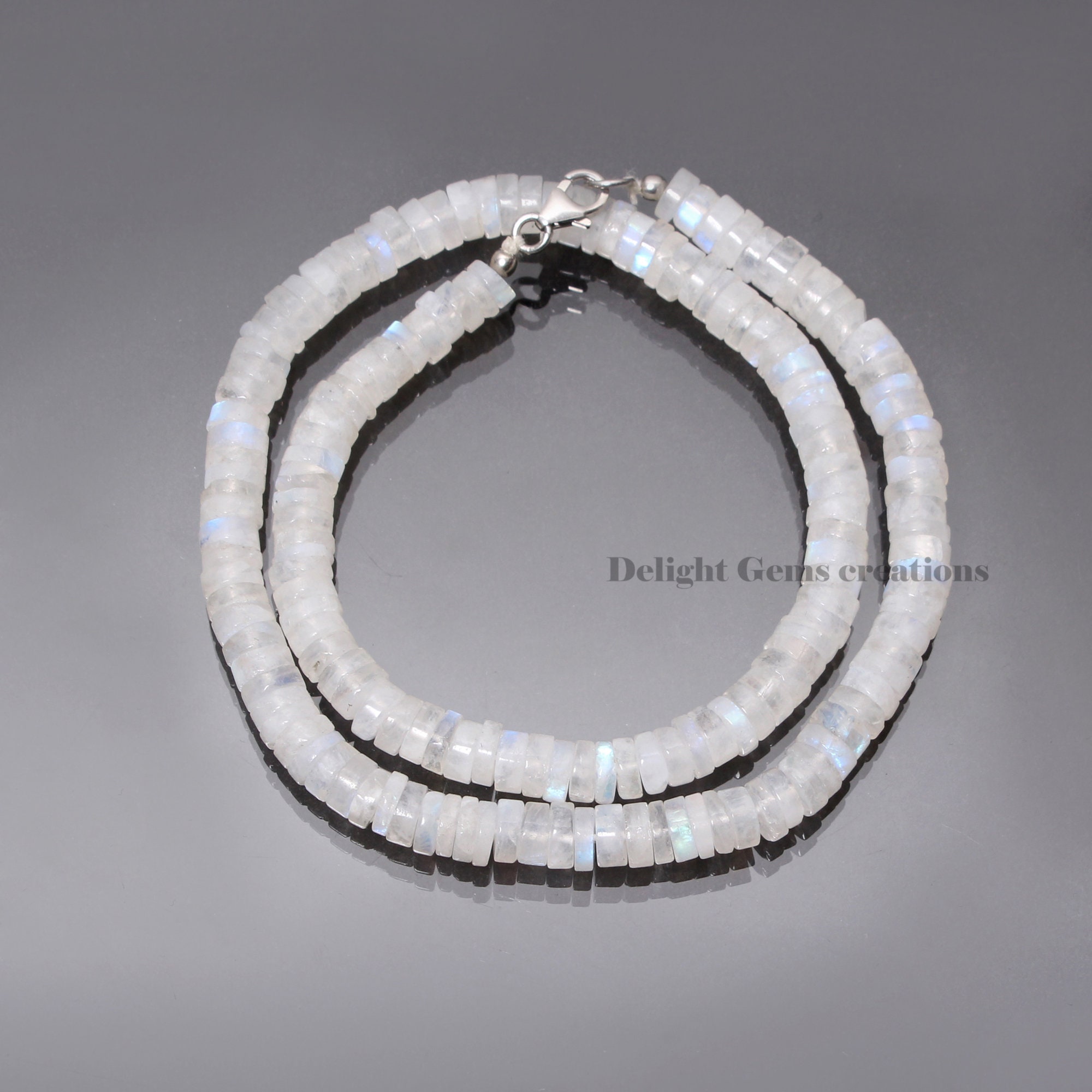 Rainbow Moonstone Heishi Necklace - Glistening White Beads, 18 Inch