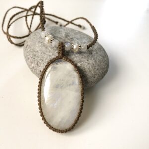 Rainbow Moonstone Necklace, Natural Moonstone, Bridal Macrame Necklace, White Stone Necklace, Large Oval Moonstone, Boho Style, Gift For Her
