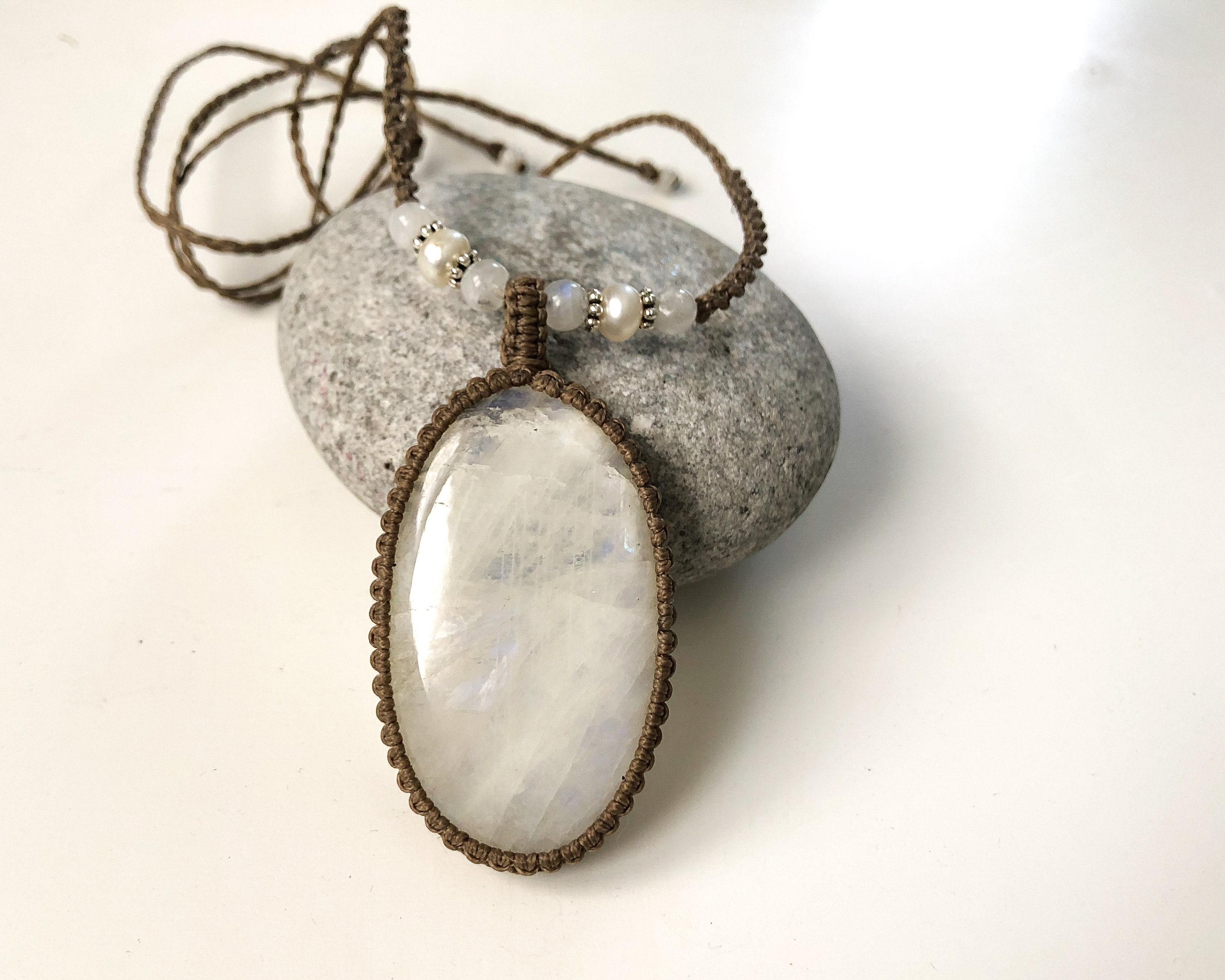 Rainbow Moonstone Necklace, Natural Moonstone, Bridal Macrame Necklace, White Stone Necklace, Large Oval Moonstone, Boho Style, Gift For Her