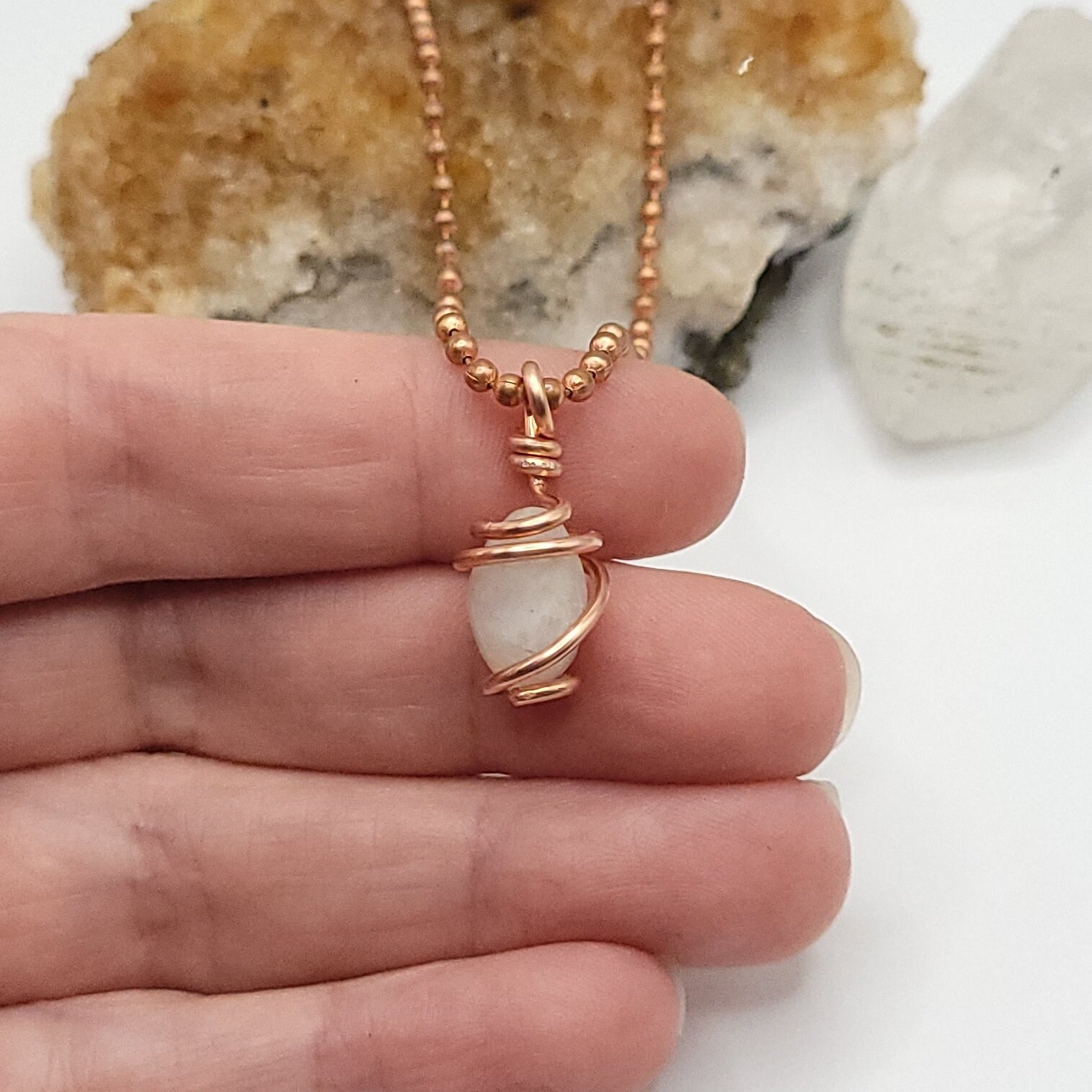 Rainbow Moonstone Oval Necklace In Copper | Crystal For Intuition & Calm