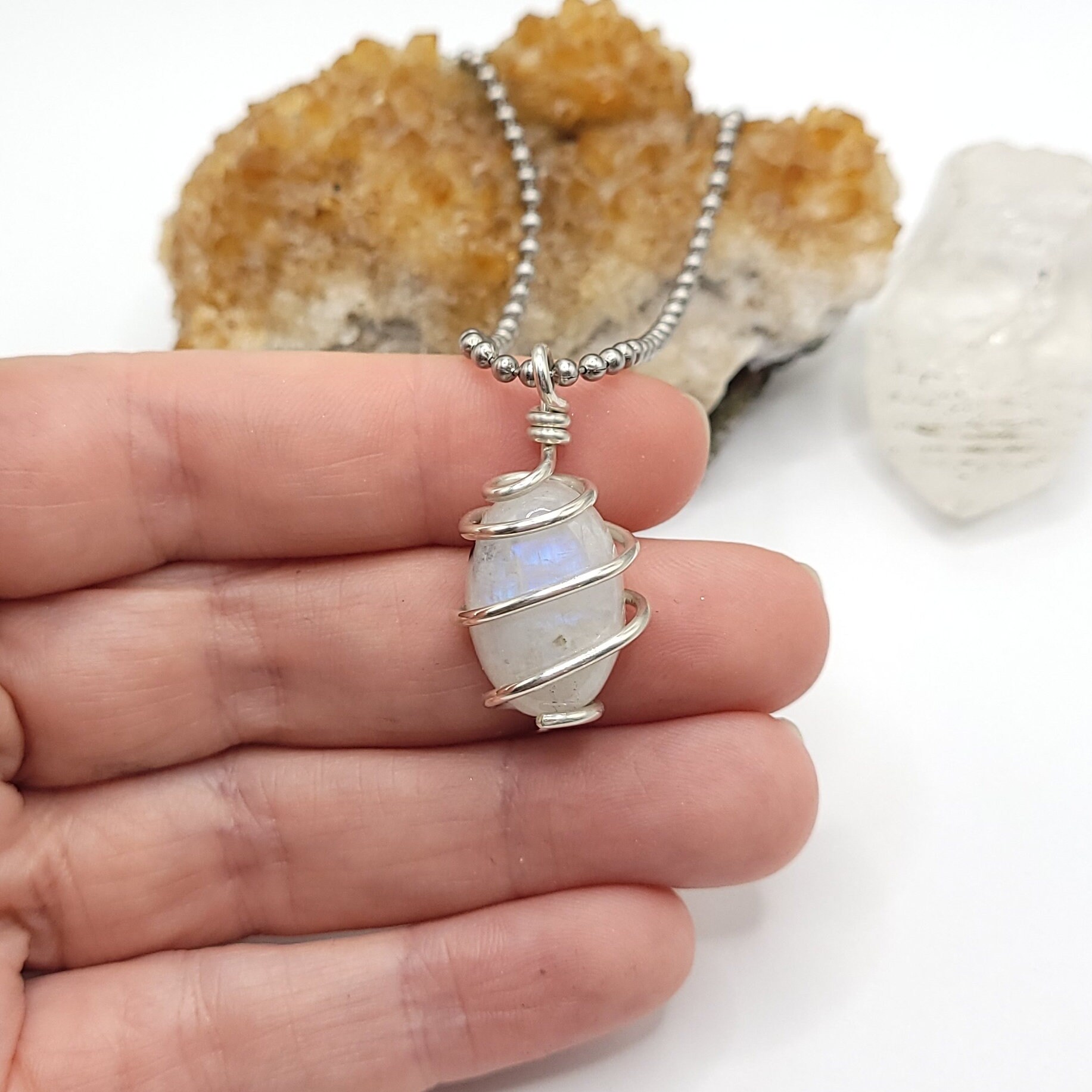 Rainbow Moonstone Oval Necklace In Silver: Intuition & Calm Crystal