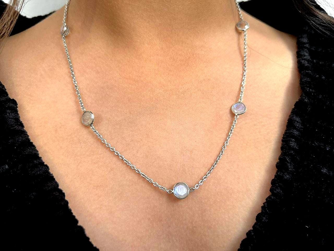 Rainbow Moonstone Necklace, Silver Bezel Station Chain, Dainty Everyday Jewelry