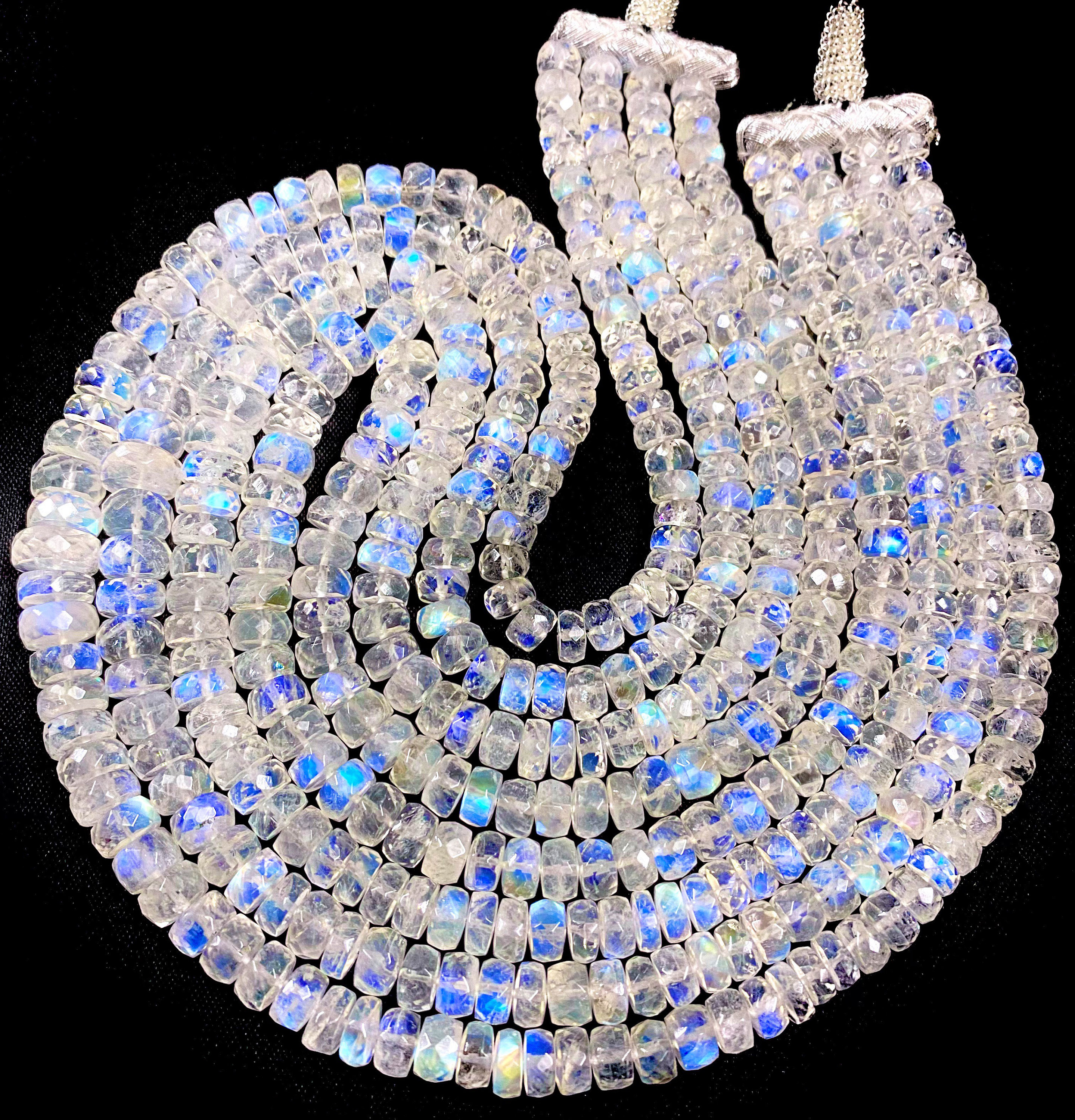 Sparkling~aaaa++ White Rainbow Moonstone Faceted Rondelle Beads 4 Layer Beaded Necklace Blue Rainbow Moonstone 4-6m Gemstone Beads Necklace
