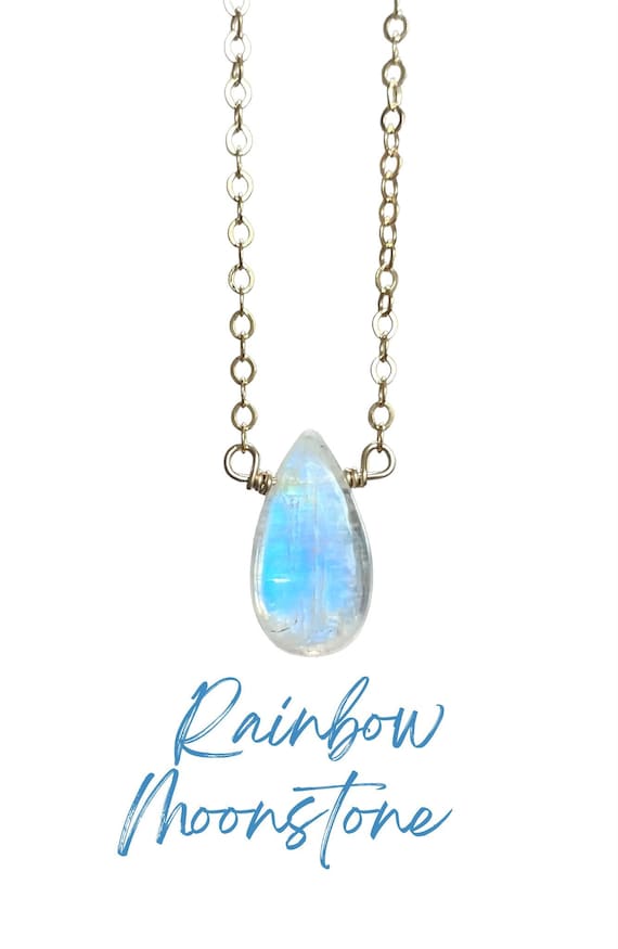 Rainbow Moonstone Teardrop Necklace: June Birthstone, Sterling Silver
