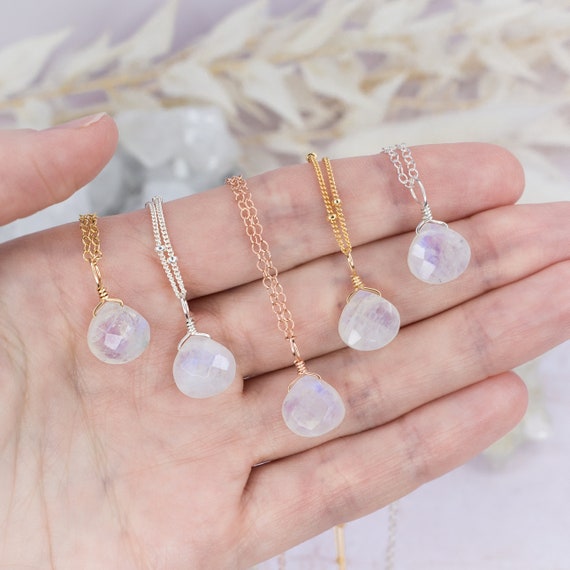 Tiny Moonstone Necklace. June Birthstone Necklace Gift For Women. Gemstone Necklace Gift For Girlfriend. Rainbow Moonstone Crystal Necklace.