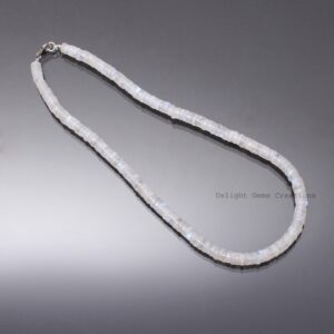 White Rainbow Moonstone Beaded Necklace-6.5mm-7.5mm Moonstone Smooth Round Tyre Beads Necklace, Blue Flashy Moonstone Bead Jewelry-Fire bead