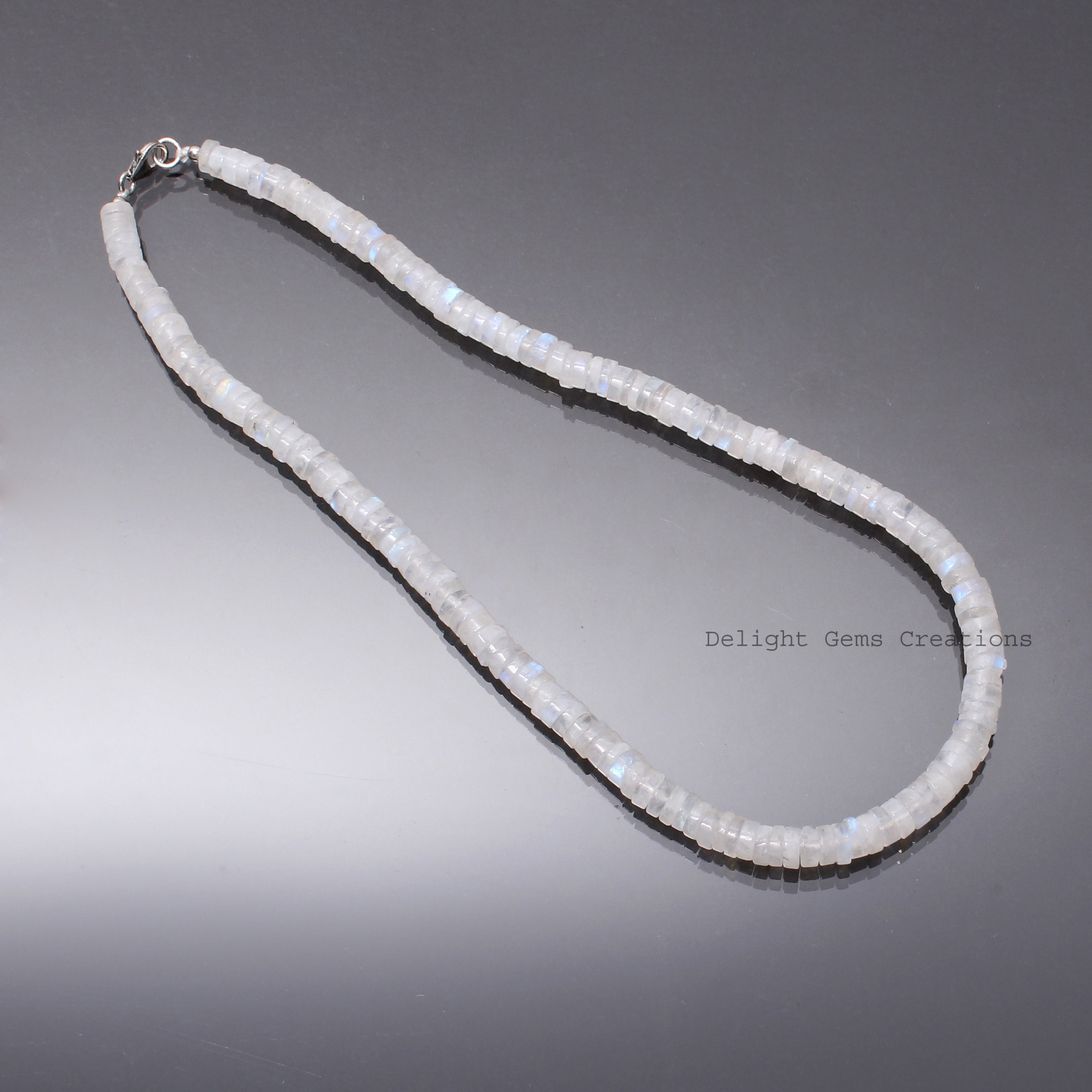 White Rainbow Moonstone Beaded Necklace-6.5mm-7.5mm Moonstone Smooth Round Tyre Beads Necklace, Blue Flashy Moonstone Bead Jewelry-fire Bead