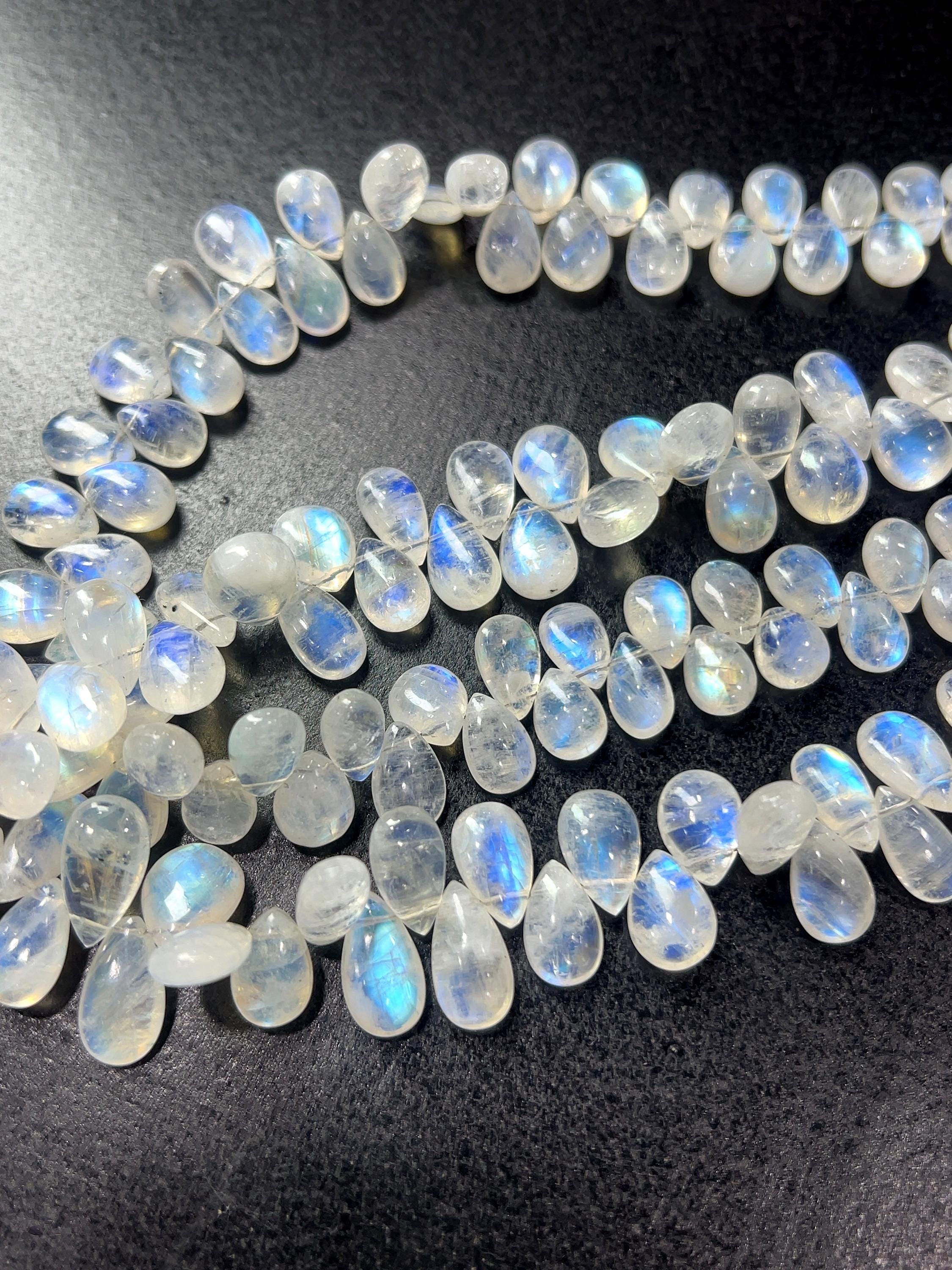 Rainbow Moonstone Beads: Blue Fire Briolette Pear Drops, 110 Carat