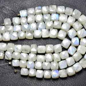 Big Blue Fire Rainbow Moonstone Cube Beads - 8 Inches - Natural Smooth White Rainbow Cube Box - Size is 8.5 - 10 mm #2588